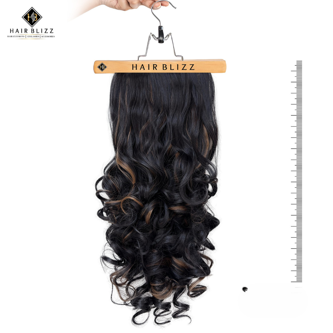 20” Curly Clip-In Hair Extension – Black with Caramel Highlights, Bold Glam Look